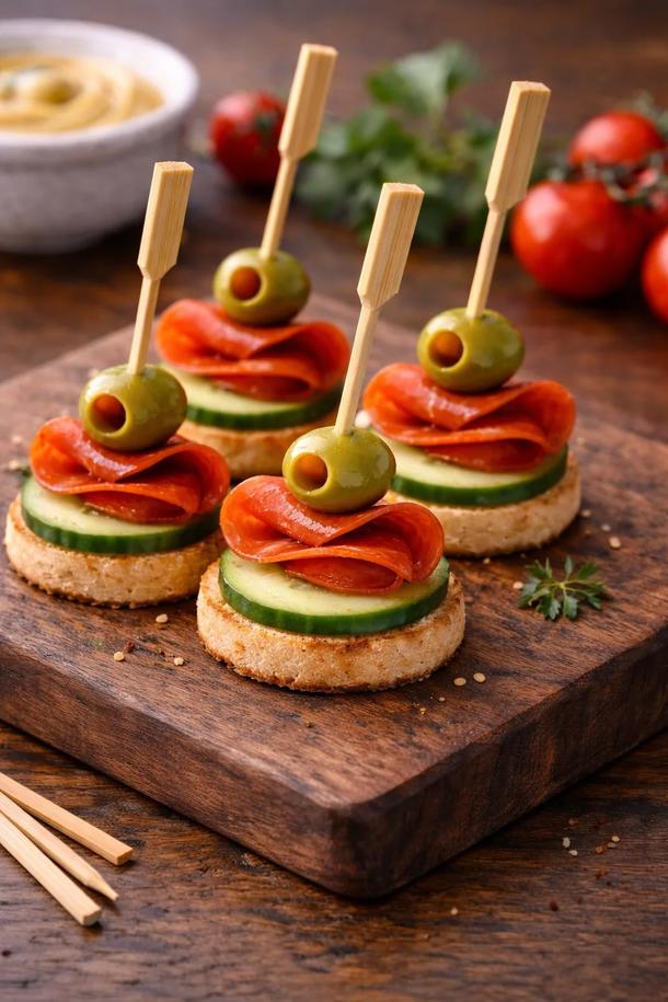 Канапе с острой пепперони и оливкой